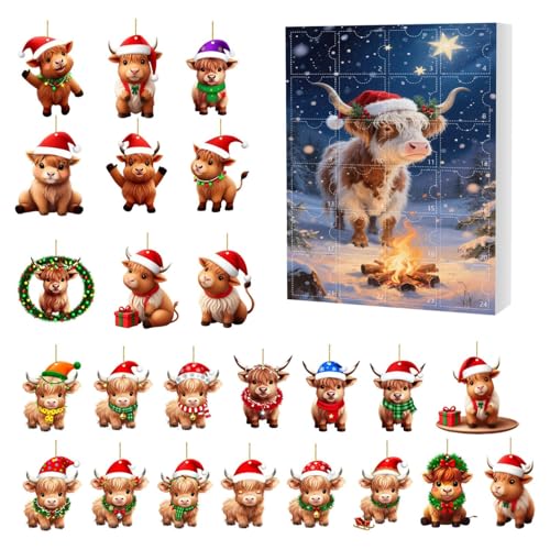 Adventskalender 2025,24 Tage 2D Acryl Ornamente mit Countdown, Yak Avents Kalender für Xmas Tree Window Wall Door Cars View Mirror Decors (A)