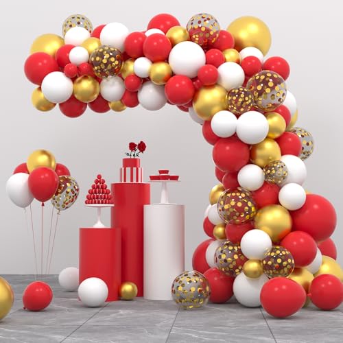 122 rote und weiße Ballongirlanden-Bogen-Set, weiße und rote metallisch-goldene Konfetti-Luftballons für das Thema Geburtstag, Hochzeit, Jahrestag, Brautparty, Abschlussfeier, Neujahrsdekoration