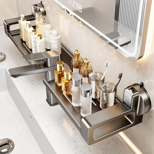 Étagère Salle de Bain Sans Perçage, Étagère de Rangement à Ventouse Au-Dessus de l'évier, Etagere Ventouse de Lavabo Murale avec Evacuation, Organiseur Amovible pour Salle de Bain et Cuisine, Gris