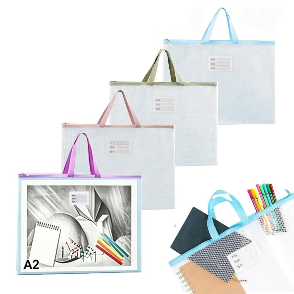 Oaygat 4 Pack A2 Mesh Art Portfolio Bag A2 EVA Zip Wallets Folders Document Folder File Zipper Bags Waterproof Travel Storage Pouch Mesh Zip Folders for School Office Supplies and Travel Accessories