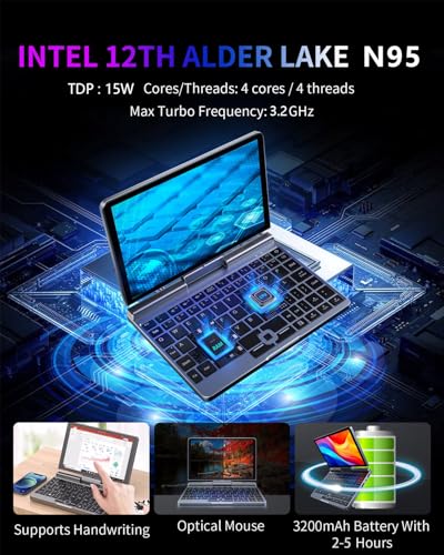 Image of 8-inch 2-in-1 Mini Laptop, N95, 12GB LPDDR5, 512GB /1TB NVMe SSD, 1280x800 Touchscreen, Wi-Fi 6, BT 5.2, Win 11 Pro, Pressure-Sensitive Pen, HDMI Output, Portable Convertible PC (N95-12GB-512GB)