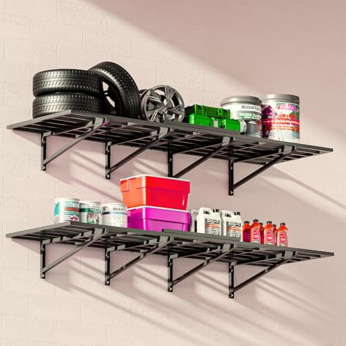 DEYEGELEA 2-Pack 2x6Ft Garage Wall Shelves Garage Storage Shelving Wall Mounted Loads 2000lbs Heavy Duty Sturdy Wall Shelves Strong Garage Organiser Black Metal Floating Storage Racks
