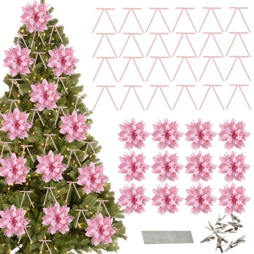 GREENTIME 36Pcs 5.5" Pink Poinsettia Artificial Flowers & 6.7" Velvet Bows