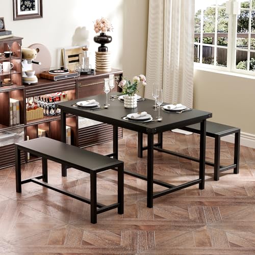 JoanKaren 3 Piece Dining Table Set for 4, Kitchen Table with 2 Benches, Rectangular Rustic Dining Set for Small Space, Apartment, Breakfast Nook, Compact Kitchen Furniture(Black by JoanKaren - Image 7