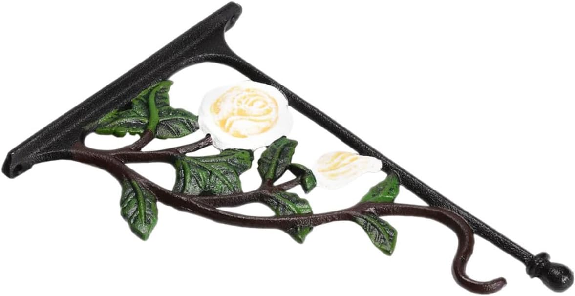 Cast Iron White Rose Wall-Mounted Flowerpot Hanger with Decorative Hook for Hanging Plant Baskets, Bird Feeders, and Wind Chimes in Indoor and Outdoor Garden Settings