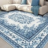 FORTSEA 洗えるラグマット 3畳 200×250cm ペルシャ風 ブルー 花柄 落ち着いた青色 滑り止め付き メインフロアラグ リビングラグ 寝室 ダイニング 四季用カーペット