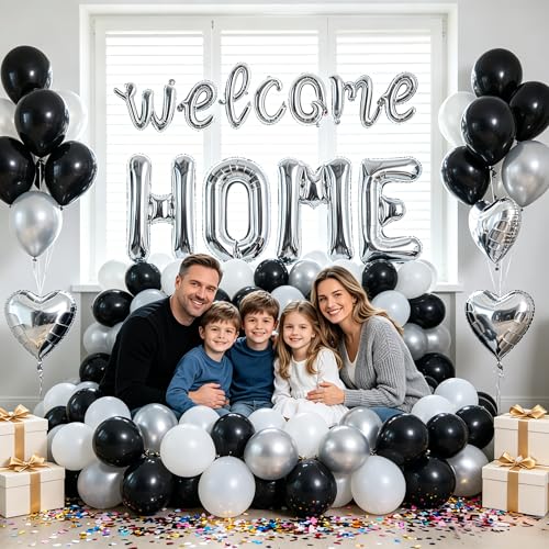 Image of TONIFUL 2 Size Silver WELCOME HOME Foil Balloons Banner Letter Decorations