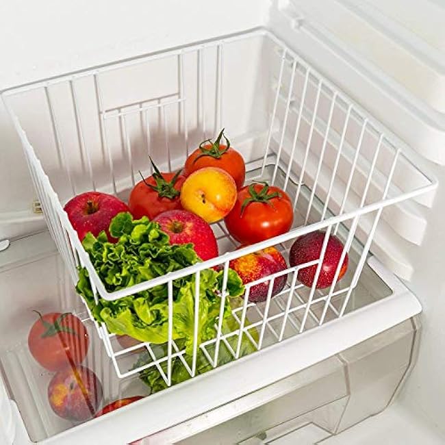 Upright Freezer Organizer Bins£¬ Freezer Baskets for 14, 15 cu.ft Standup Freezer, Wire Storage Baskets with Built-in Handles for Frozen Foods, Snacks, Vegetables, Fruits and More, 4Pcs , White