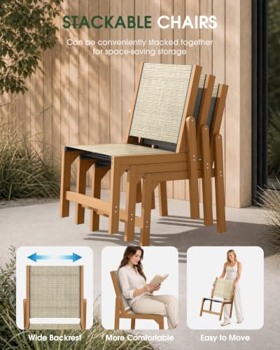 Image of Patio Stackable Chair, HDPE Armless Outdoor Dining Chairs with Wide Seat, All-Weather Textilene Oversized Porch Chair for Garden, Poolside, Backyard, Deck | Teak