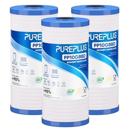 PUREPLUS AP810 Whole House Grooved Sediment Water Filter Replacement Cartridge for 3M Aqua-Pure AP810 AP811 AP801 AP801-C AP801T AP801B Whirlpool WHKF-GD25BB WHKF-DWHBB 5 Micron 10x4.5 3Pack