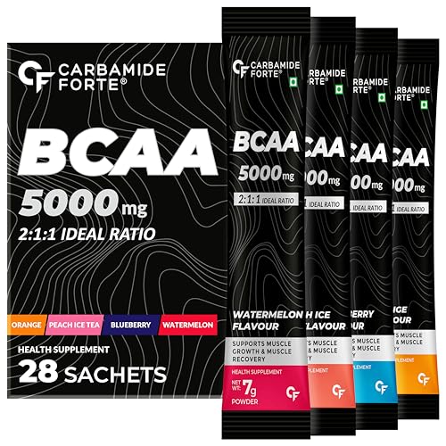 Carbamide Forte BCAA Powder 5000mg 28 Sachets | BCAA Supplements For Women & Men | BCAA Pre Workout & Intra Workout Supplement 7g Serving with Ideal 2:1:1 Ratio | 4 Flavors BCAA - Pack Of 28 BCAA Sachets