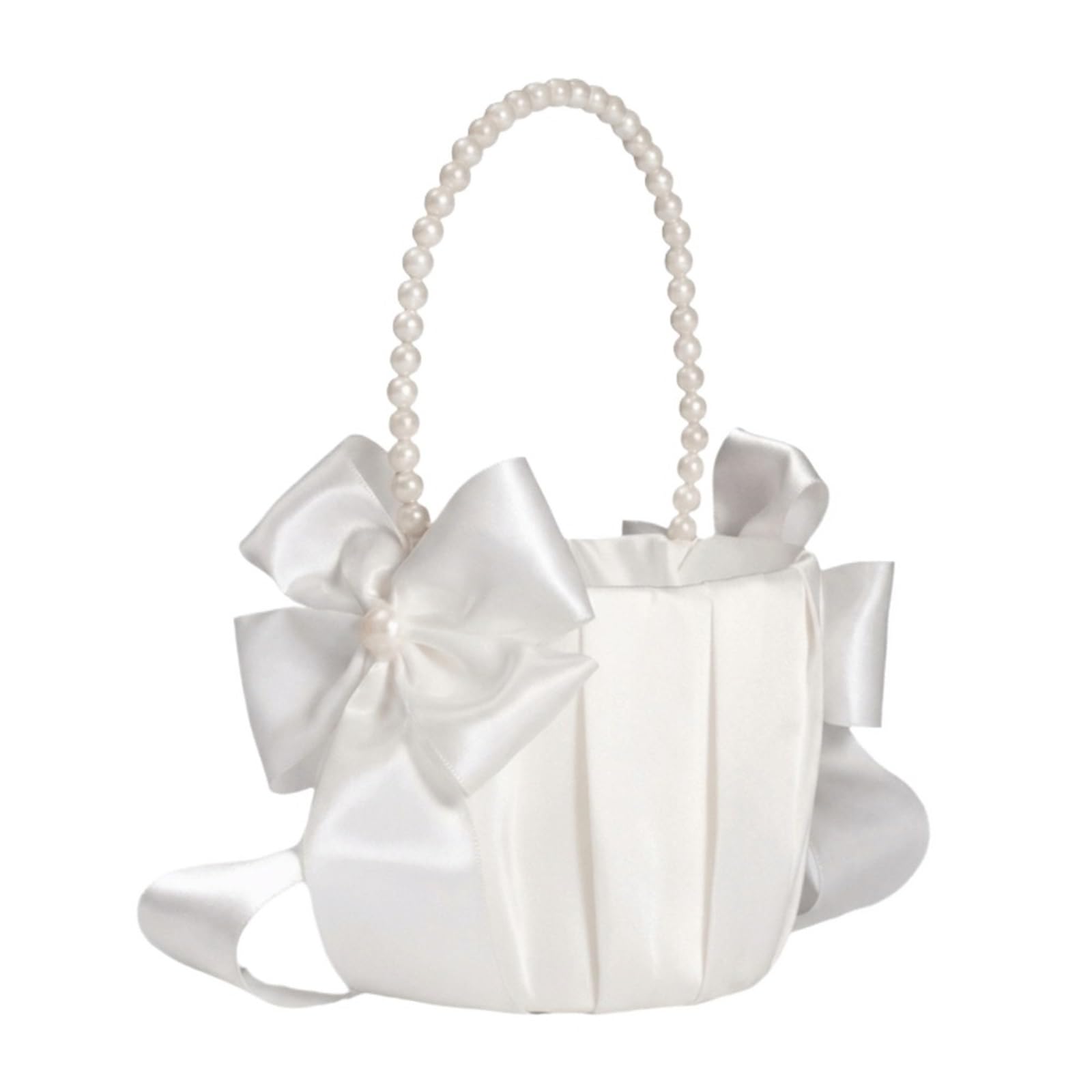 Flower Girl Bow Basket Satin White Pearl Handle