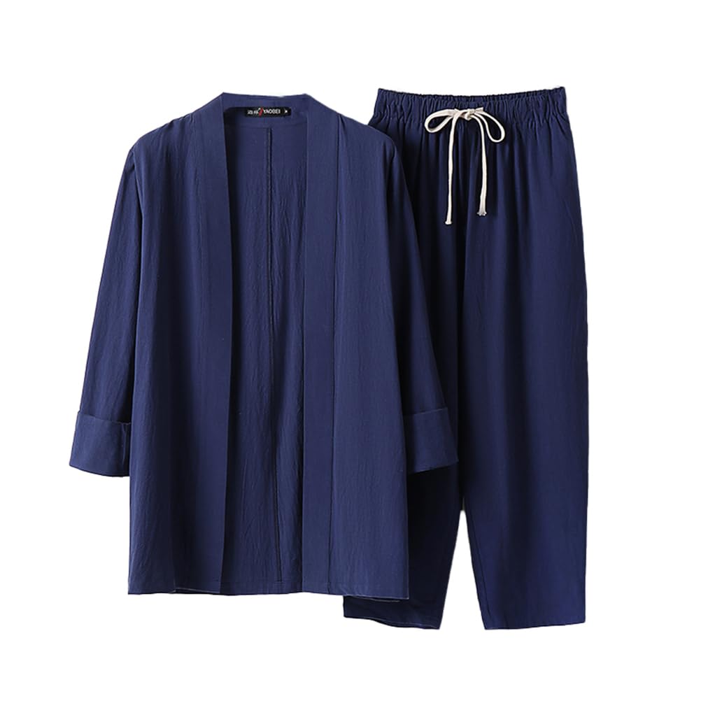 TIANQIHAO Summer Two-Piece Suit Cotton Bathrobe Pajamas Kimono Bathrobes Sleepwear Plus Size Pjs Set With Pockets,Blue-Medium