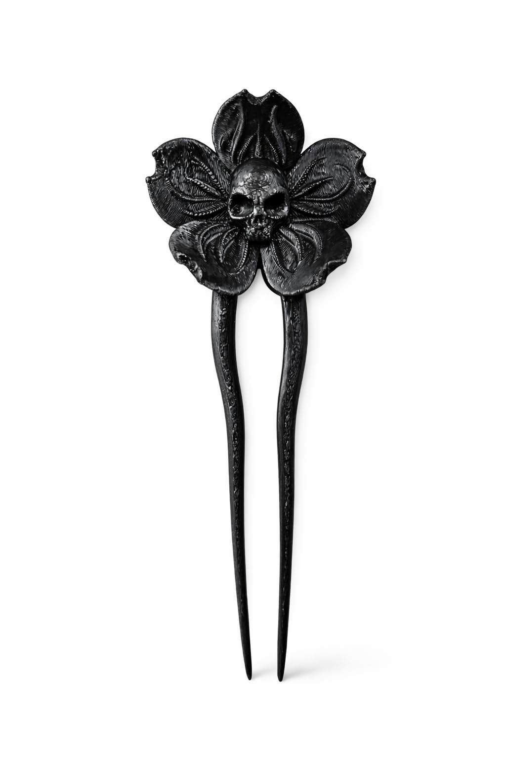 Gotik Kafatası Çiçek Saç Tokası – Siyah Saç Çubuğu, El Yapımı Görünümlü, Kadın & Cosplay & Günlük Kullanım İçin Saç Aksesuarı