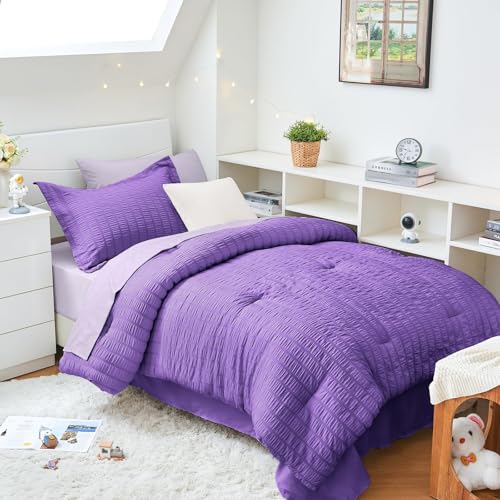 Image of HYMOKEGE Dark Purple /Lavender Twin XL Comforter Set Seersucker 5 Pieces, All Season Luxury Bed in a Bag for Bedroom, Bedding Set with Comforter, Sheets, Pillowcase & Sham