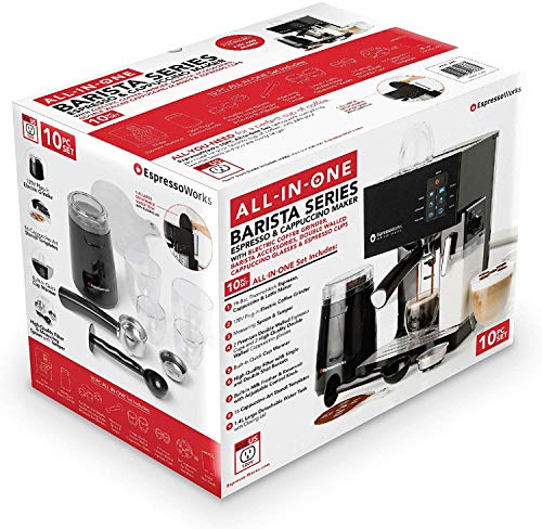 EspressoWorks 10Pc All-in-One Barista Bundle Espresso Machine & Cappuccino Maker, Built in Milk Steam & Frother, Electric Grinder, 2 Cappuccino & 2 Espresso Cups, Spoon/Tamper,16 Coffee Stencils 7 Gallery Image EspressoWorks 10Pc All-in-One Barista Bundle Espresso Machine & Cappuccino Maker, Built in Milk Steam & Frother, Electric Grinder, 2 Cappuccino & 2 Espresso Cups, Spoon/Tamper,16 Coffee Stencils 7 Gallery Image