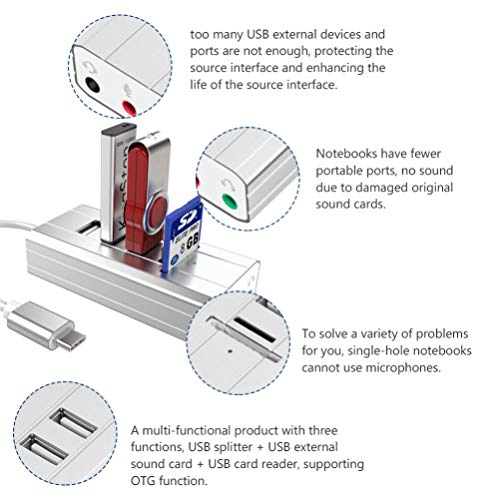VILLCASE Placa de Som Usb Adaptador de Ãudio Externo Tipo-C 3 Portas Conversor de Placa de Som EstÃ©