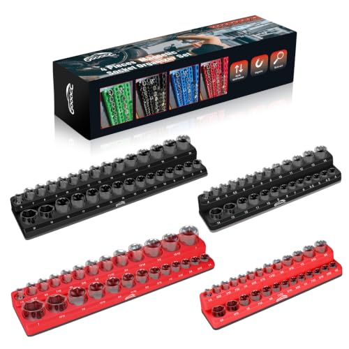 Image of GOOACC 4 PCS Magnetic Socket Organizer Set, Heavy Duty Socket Organizer Tray 1 /4 inch 3 /8 inch SAE Metric Drive Sockets Holds 108, Magnetic Socket Holder for Tool Box Drawer Chest Garage Storage, Black & Red