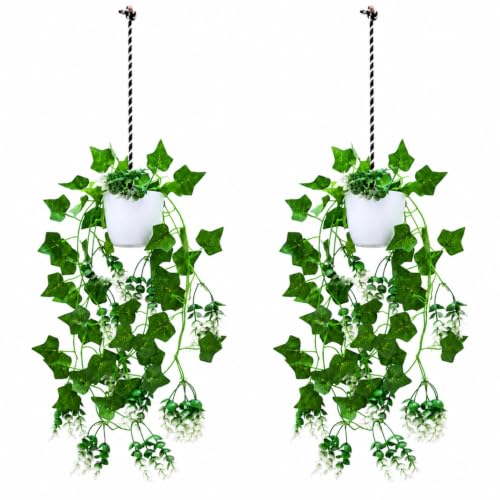 Image of fancymart Artificial Hanging Ivy Plant with White Hanging Pot & Rope, 60 cm Height, Pack of 2, Realistic Green Leaf Creeper for Home, Office, Living Room & Wall Decor