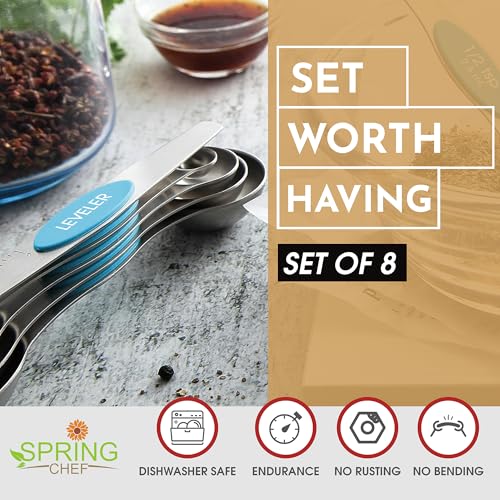 Image of Spring Chef Stainless Steel 8 Magnetic Measuring Spoons for Kitchen, Teal