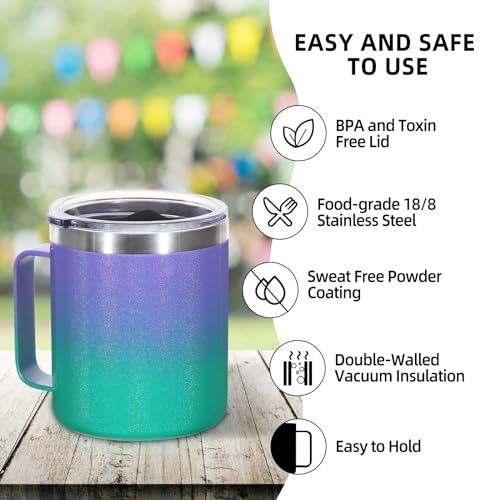 Volhoply 14oz Insulated Stainless Steel Coffee Mug with Lid Bulk 2 Pack,Double Wall Vacuum Travel Coffee Cup with Handle,Reusable Metal Tumbler,Camping Mugs Keep Hot,Christmas Gifts(Purple Green,2) - Image 4
