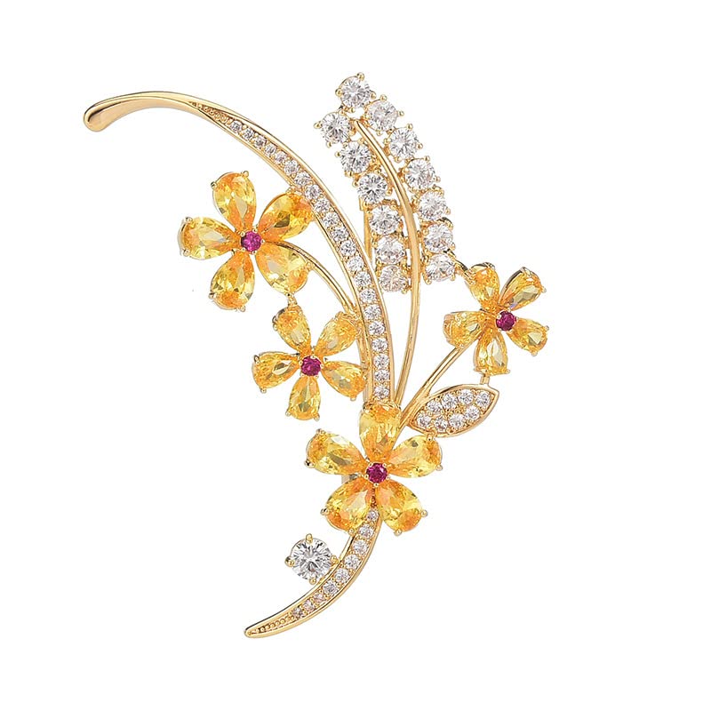 Image of 14K Gold Wheat Sheaf Brooch Embellished with Lustrous Colored Gemstone Flowers, Moissanite Accents Elevate its Elegance, Unique Botanical Jewelry Gift for Women