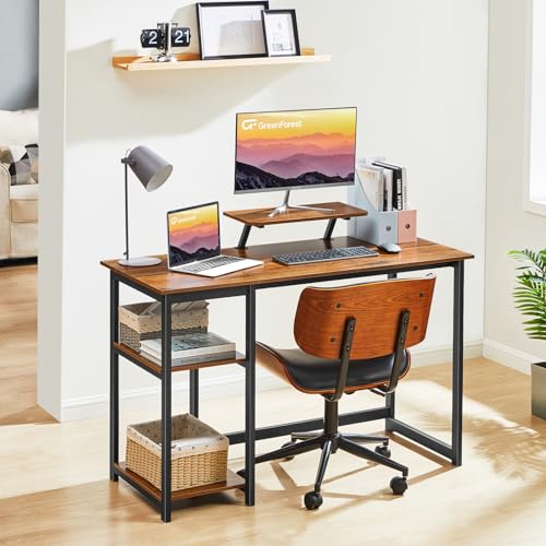 Image of GreenForest Computer Desk with Monitor Stand,47 inch Home Office Desk with Reversible Storage Shelves Modern Writing Study Work Table,Easy Assembly,Walnut