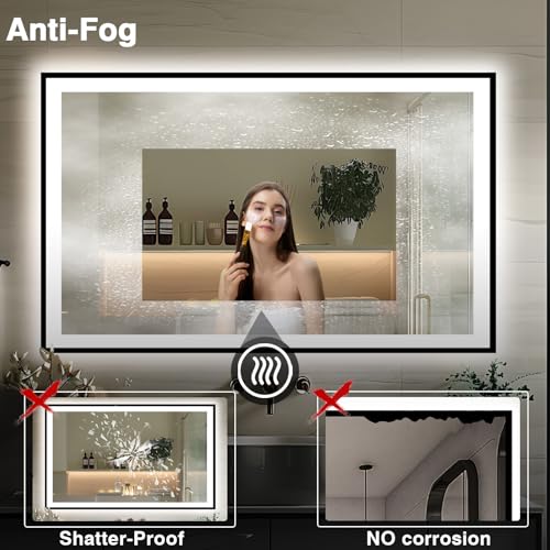 66x36 LED Lit Bathroom Mirror - Black Framed, Front and Backlit LED Mirror, Anti-Fog Bathroom Mirror with Lights, 3 Colors Stepless Dimmable Mirror, Touch Sense (Horizontal/Vertical)