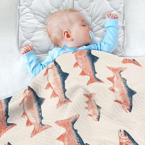 Image of Sea Vintge Salmon Fish Baby Blankets Soft Warm Crib Stroller Blanket for Toddler Newborn Girls Boys 30x40in