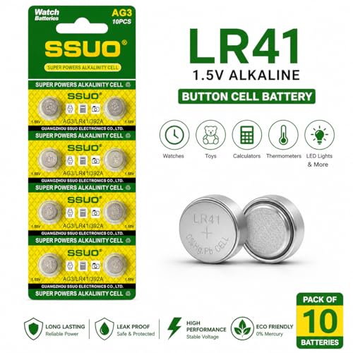 Image of LR41 Battery 1.5V Alkaline Button Cell Coin - AG3 392 SR41 192 Compatible - Long Lasting & Leak Proof - Ideal for Watches, Toys, Calculators, Thermometers & LED Lights - Pack of 10-SSUO