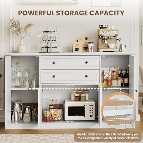 GAOMON 58" Sideboard Buffet Cabinet with Storage with 4 Doors & 2 Drawers, Farmhouse Wood Cupboard Kitchen Pantry Storage Cabinet Coffee Bar Station for Kitchen, Living Room, Dining Room (All White)