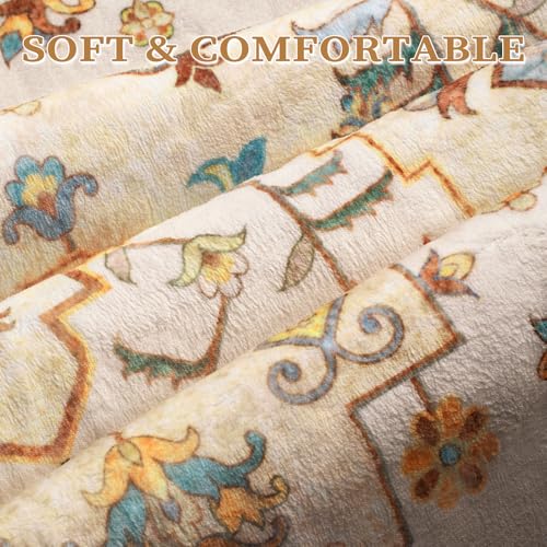 SERISSA Area Rug 3x5 Boho Light Yellow Rugs for Bedroom, Washable Non-Slip Kitchen Rugs, Ultra Soft Print Distressed Entry Rug Low-Pile Throw Rug Carpet for Bedroom Nursery Living Room Dorm Decor