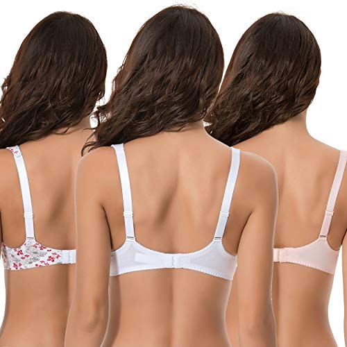 Curve Muse Women's Plus Size Underwired Unlined Balconette Cotton Bra-3Pack-White Print,Pink,White-36D #TOP1