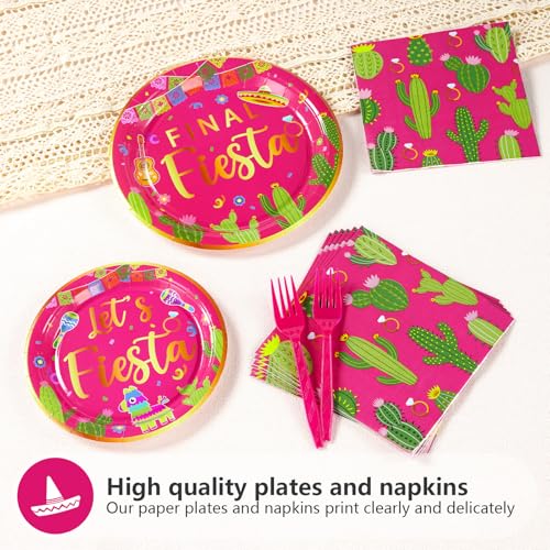 Image of Grencian 96Pcs Final Fiesta Bachelorette Taco Party Decorations, Serves 24 | Hot Pink Mexican Cactus Plates and Napkins Tableware Sets Mexican Decorations for Cinco De Mayo Let's Fiesta Party Supplies