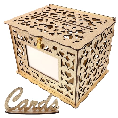 Caja para tarjetas de boda dorada con estructura metálica y base de madera 2