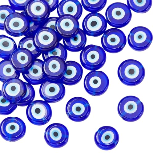 nbeads 1 Fil (Environ 41 Pcs) Bleu Plat Rond Mauvais Œil En Verre Faite Main Lampwork Perles Charms Spacer Perles pour Bracelets Collier Bijoux, 10 × 4mm, Trou: 1mm