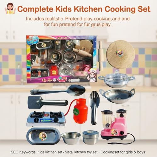 Image of DZLING Kids Steel Kitchen Set Toys, Traditional Indian Cooking Playset with Utensils, Gas Stove, Blender, Chakla Belan Accessories, Role Play Pretend Cooking Toy for Boys & Girls (Medium Kitchen)