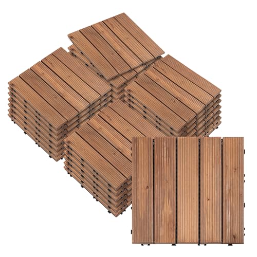 Outsunny Set de 27 Baldosas de Madera 30x30 cm con Área de 2,43 m² Losetas Sistema de Clic para Balcón Terraza Jardín Marrón