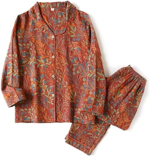 Image of Vintage Leaf Cotton Lapel Loungewear Set, Ginkgo Leaf Button Colorful Floral Pure Pajama, Women's Fashion Sleepwear