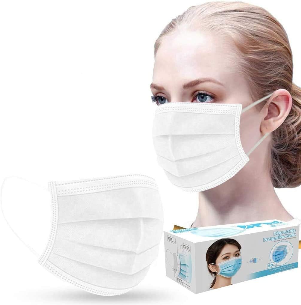 BASIC HOUSE FACE MASK - 3PLY - DISPOSABLE Nose & Mouth Cover with 3-Layer Material, Elastic Ear Loops & Comfortable Universal Design for Adults & Kids Color White (100 PCS)