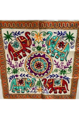 SODEF Bohemian Patchwork Square Cover 40 x 40 in Light Brown Cotton Floral Pattern Wall Hanging or Tablecloth - Açık Kahve 4Fil, 39x39 inch