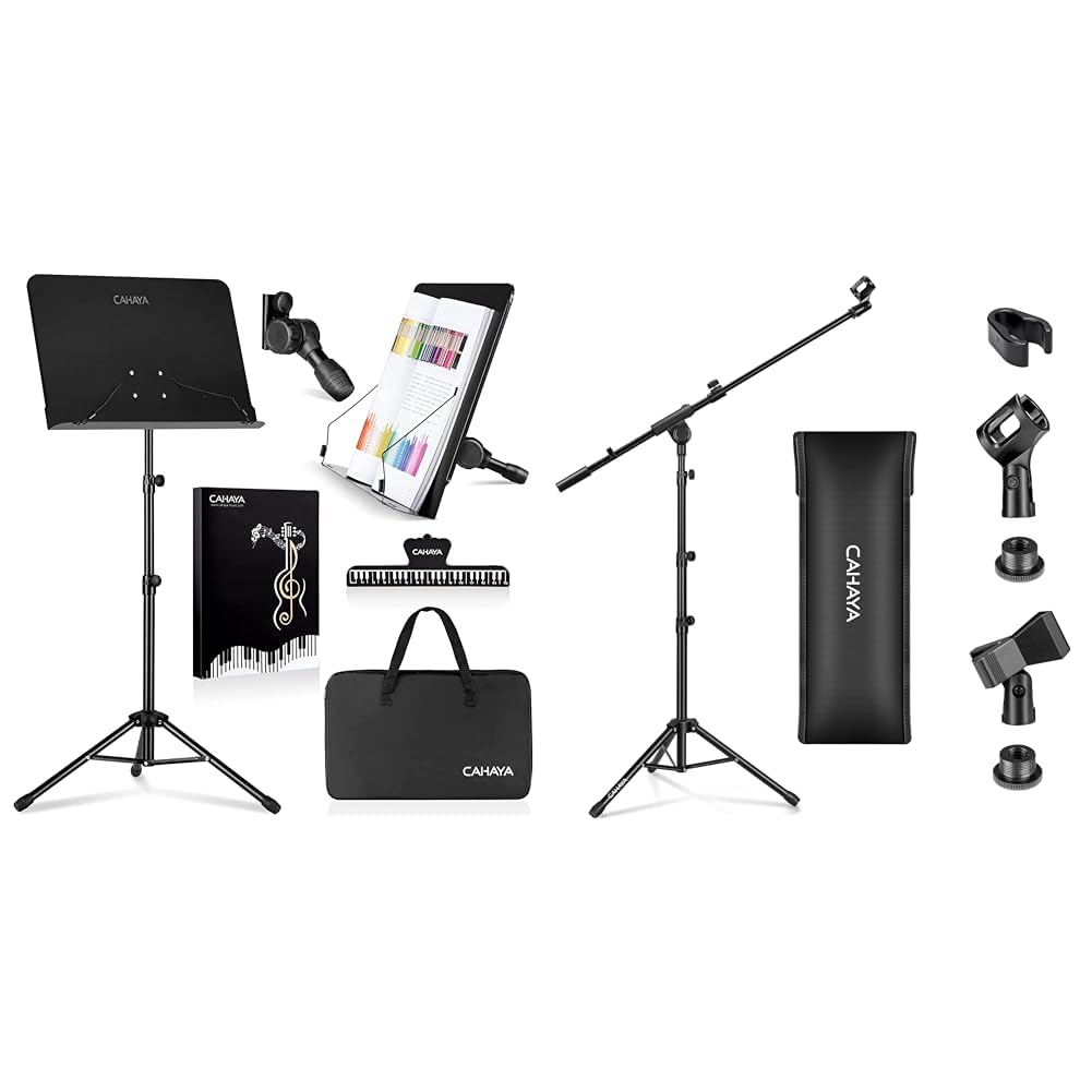 CAHAYA Pupitre de Partitions Pliable Portable 80-145cm Support Métallique de Partitions & Pied de Microphone au Sol Mobile 2 en 1 Trépied en Métal avec Deux Clips Différents Réglable