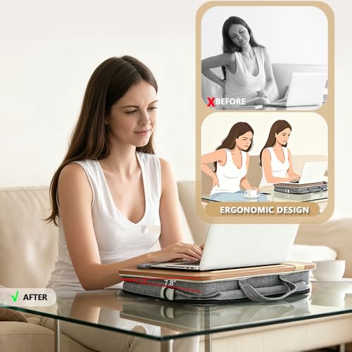Image of Portable Lap Desk 14-17 Inch Laptops, Storage Bag | Light wood-toned finish, padded cushion, straps & storage for home car travel