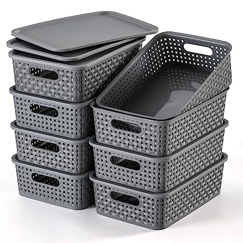 Image of [ 8 Pack ] Plastic Storage Baskets With Lids, Small Pantry Organization, Stackable Storage Bins, Household Organizers for Cabinets, Countertop, Drawers, Under Sink or On Shelves,Gray