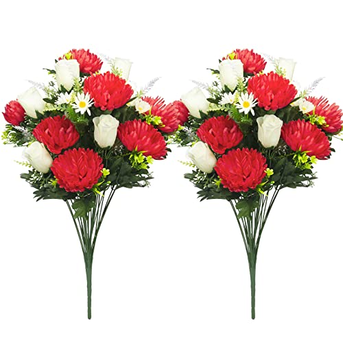 LOYWREE 2 stuks kunstmatige begraafplaats bloemen groot boeket buiten grafbloemen met rode moeder en roos voor decoratie - realistische levendige, duurzame en niet-bloeden kleuren