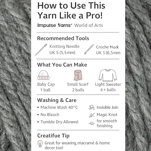 Image of WOAFashions Impulse Hand Knitting & Crochet Yarn, Premium Acrylic, 4 : Medium (Grey) (3x100gms / 3.5oz / 200mtr / 218yds)