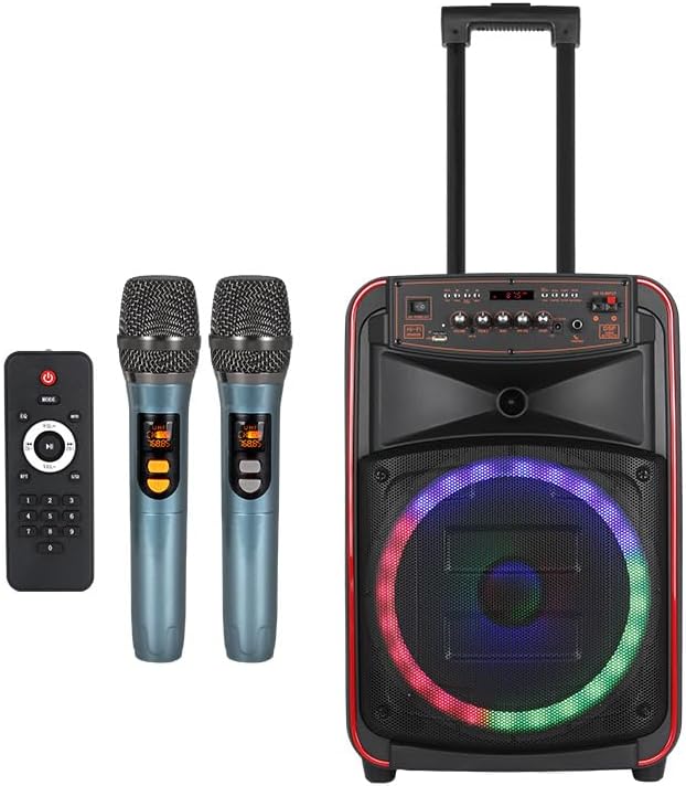 Outdoor 12" high-Power subwoofer Portable Bluetooth Speaker + Dual Wireless Microphone + LED Dazzling Color，Lights Portable Trolley Mobile Sound Applicable Karaoke/Speech/Meeting/KTV (8 inch)
