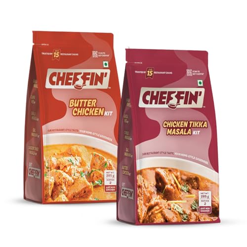 Image of Cheffin' Butter Chicken & Chicken Tikka Masala Combo | Chef Curated Gourmet Cooking Kit | Cooks 150-200g Chicken | Ready in 10 Min | 100% Natural, No Preservatives | Serves 2-3| Pack of 2