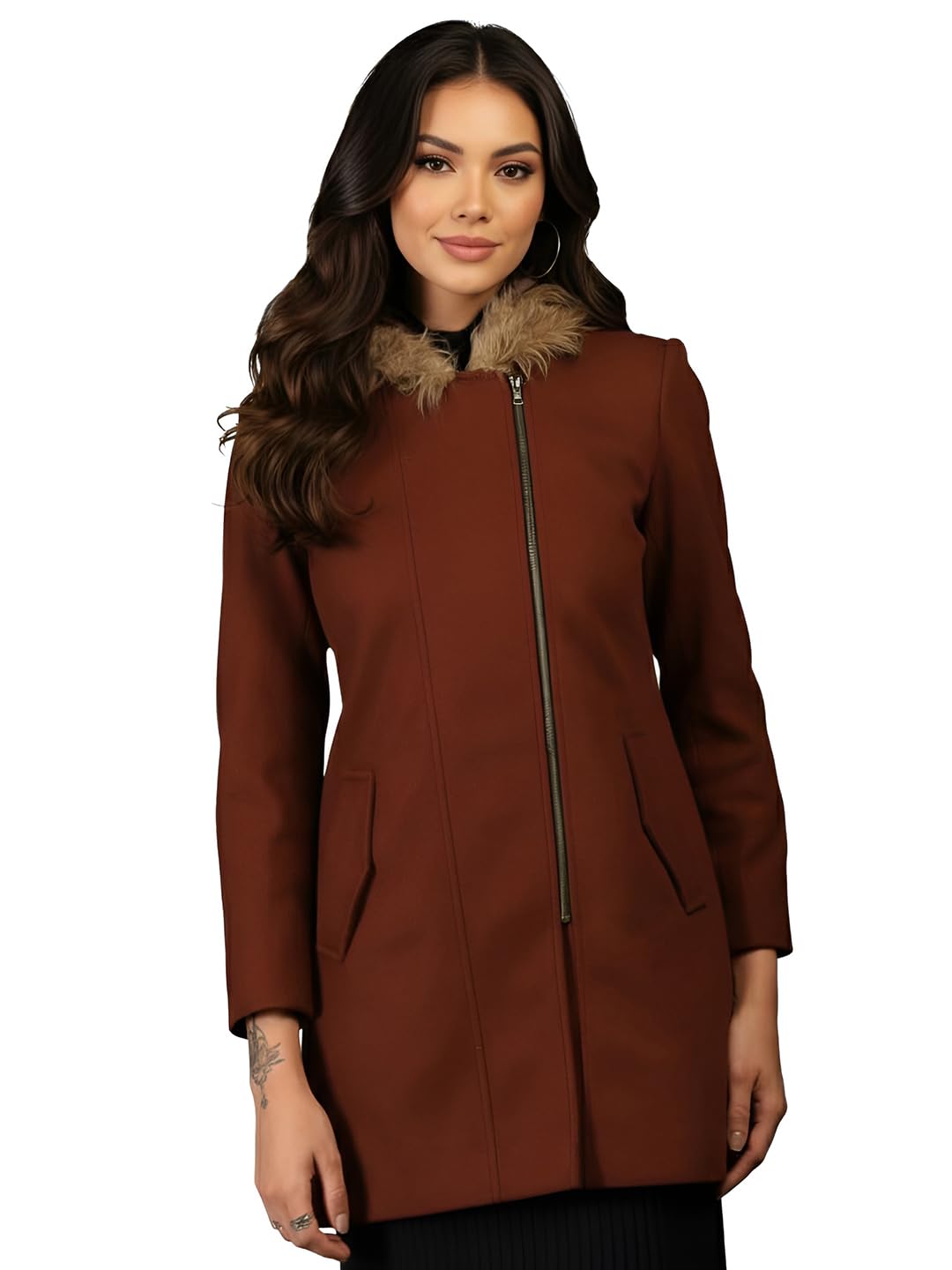 Women Winter Coat Stylish Long Jacket with Fur Hoodie Collar | Warm Overcoat Solid Color Mid Thigh Length Zipper Closure Outerwear for Party & Casual Wear