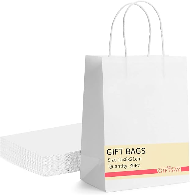 GIFTSAY Small Gift Bags with Handles Bulk 15X8X21cm 30pc Sturdy Paper Bags White for Wedding Party Favor Bags, Grocery Shopping Bags, Retail Merchandise Bags Gift Sacks and Birthday Gift Bags